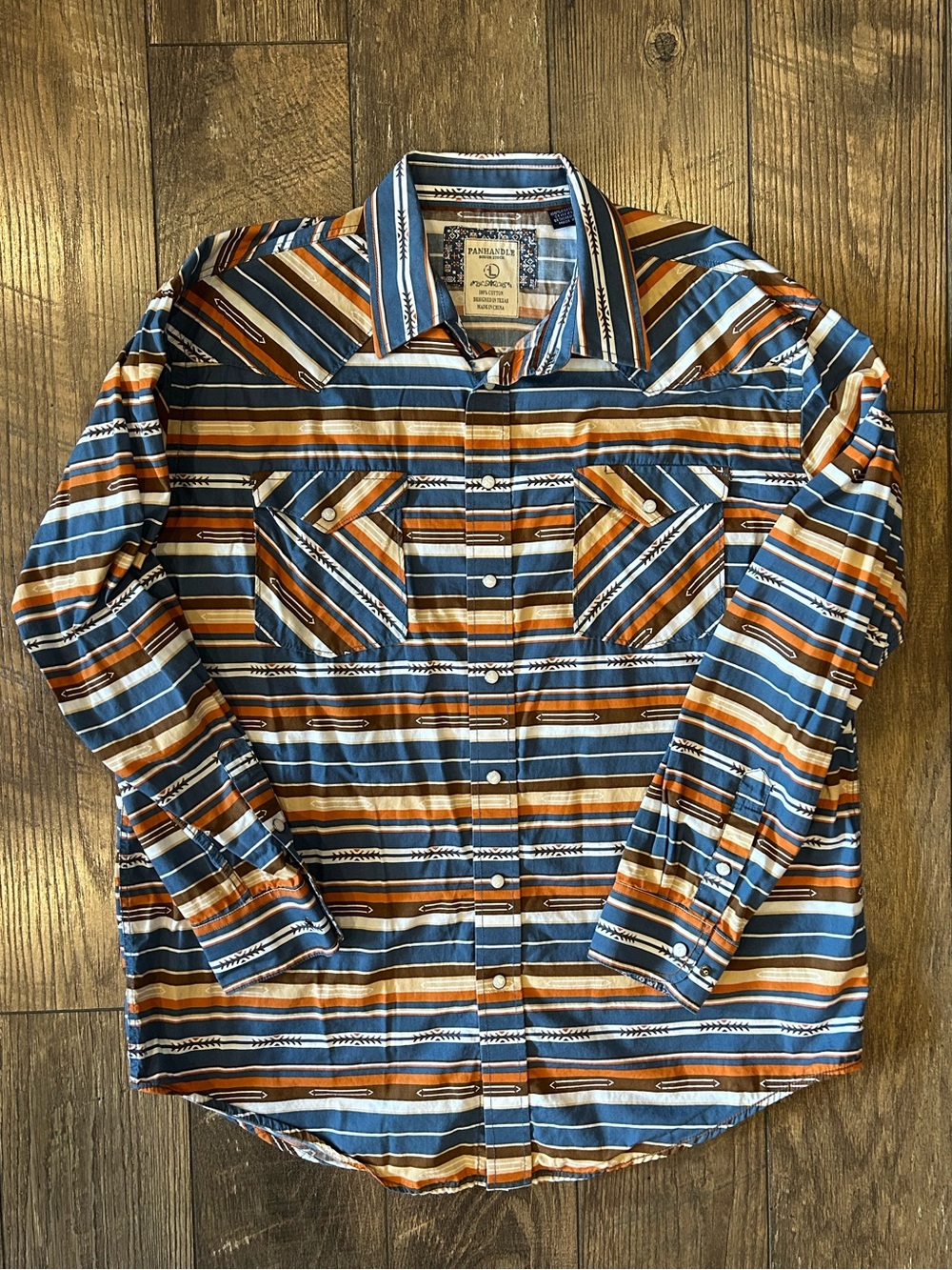 Panhandle Men's Blue, Brown & Orange Striped Western Button-Down Shirt